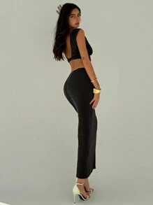 Aloruh 2 件套极简主义绿色露背无袖上衣 + 绿色紧身长裙套装（女款） - 黑色 - 查看 7