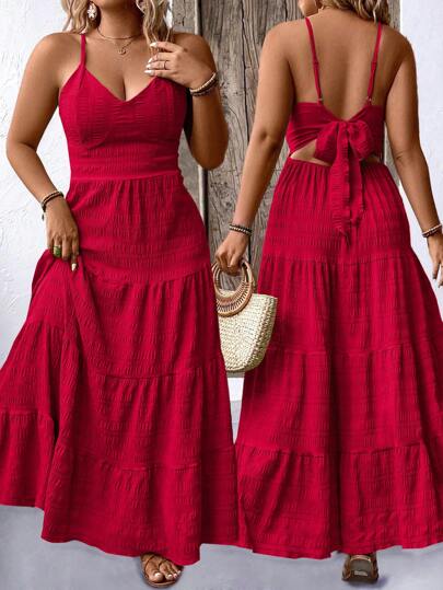 Breezaya 加大码波西米亚风纯色荷叶边下摆露背细肩带无袖连衣裙新年长款女装，夏季