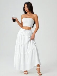 SHEIN PETITE 女士白色针织上衣+编织长裙两件套