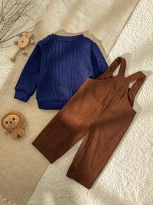 SHEIN Vintaside Kids 1 bộ quần áo liền thân không tay và áo dài tay phong cách đơn giản thường ngày cho bé trai vào mùa thu/đông - Nhiều màu - Xem 2