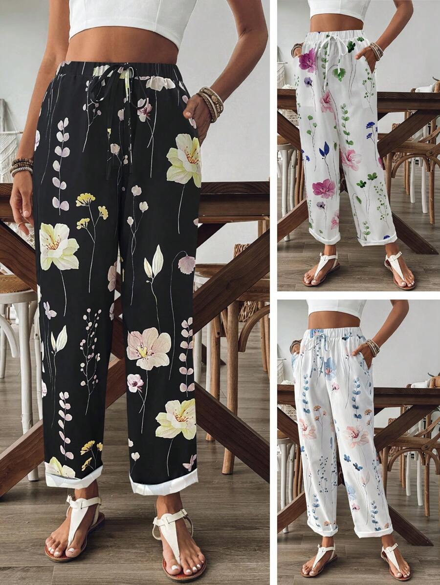 SHEIN LUNE 女款口袋束口寬鬆舒適休閒褲 - 黑色 - 查看 1