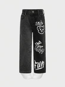 SHEIN Explorewe Young Girl CONTRAST Y2K URBAN STREET SLOGAN&SMILE FACE GRAPHICS PRINT STRAIGHT JEANS, MUST HAVE OOTD ITEM - Multicolor - View 1