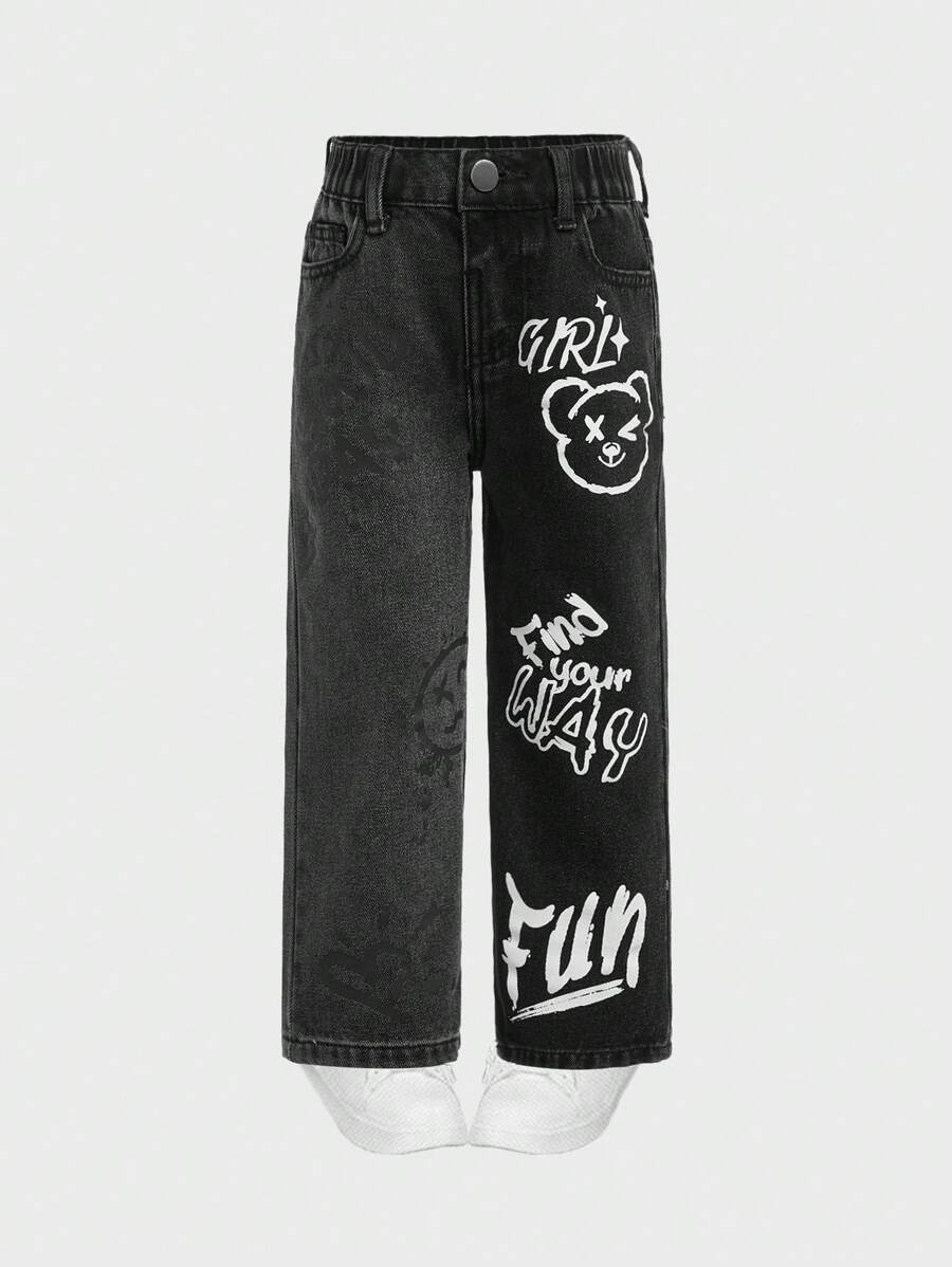 SHEIN Explorewe Young Girl CONTRAST Y2K URBAN STREET SLOGAN&SMILE FACE GRAPHICS PRINT STRAIGHT JEANS, MUST HAVE OOTD ITEM - Multicolor - View 1
