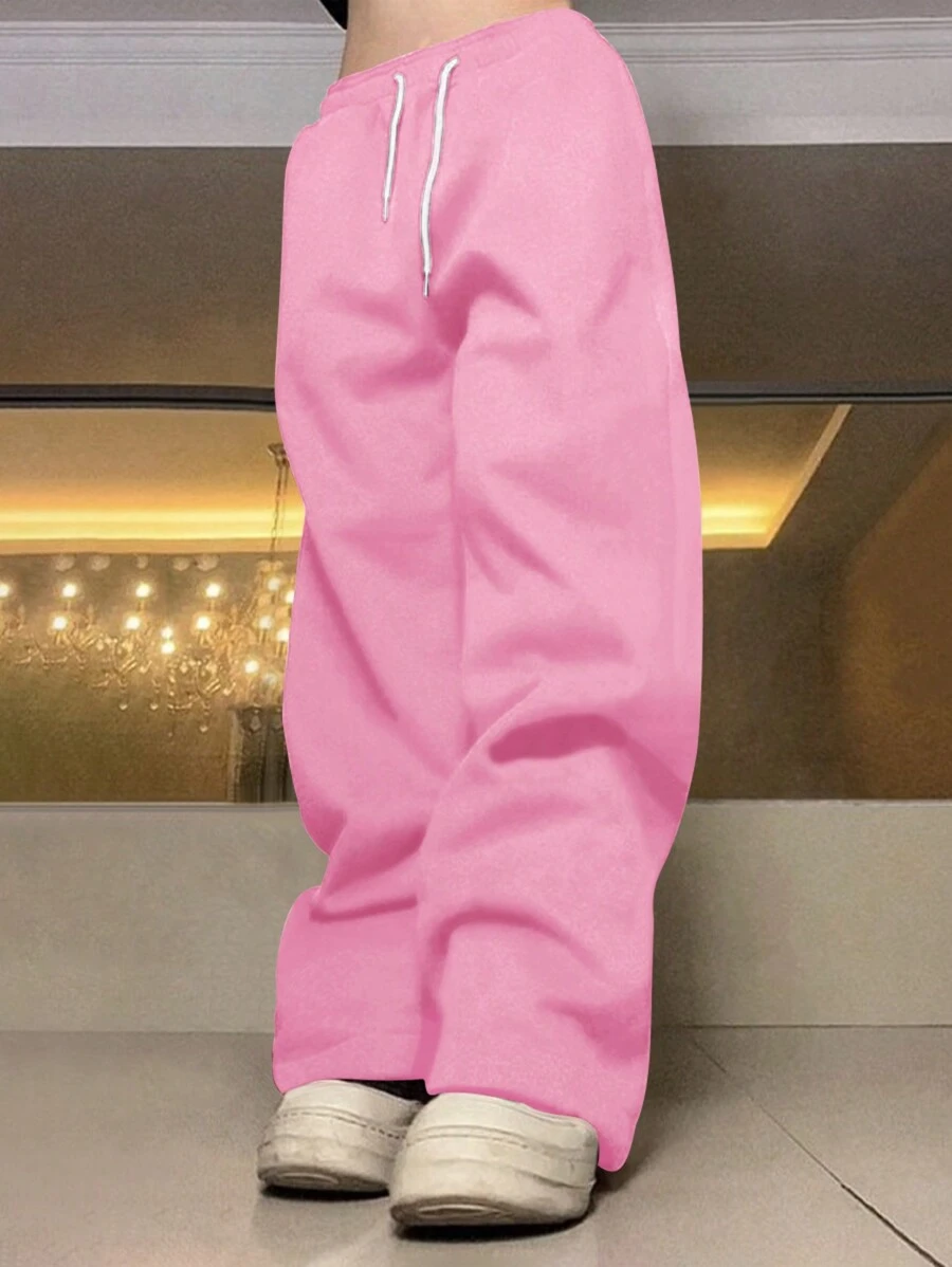 Manfinity Roghcode 男士休闲宽松纯色抽绳腰粉色运动裤 - 粉色 - 查看 1