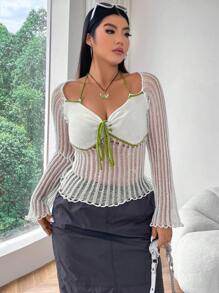 Flirla Plus Size Women's Contrast Color Semi-Sheer Long Sleeve Pullover Sweater Knit Pullover Fall Winter - Beige - View 5