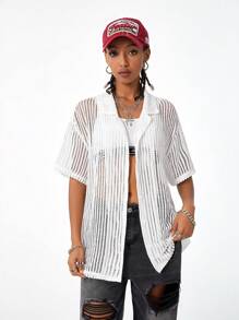 SHEIN EZwear 街头服饰纹理面料女士中性短袖衬衫，春/夏 - 白色 - 查看 5