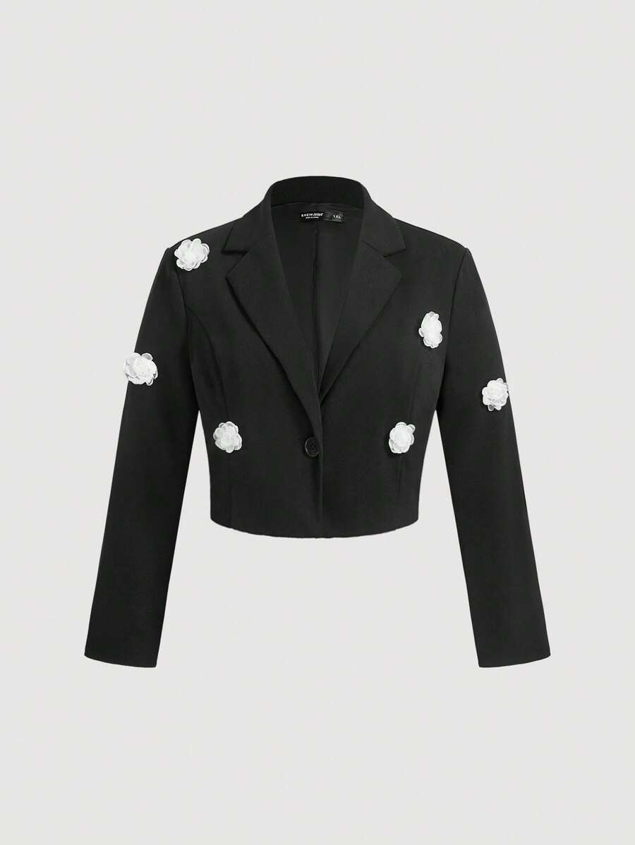 SHEIN MOD 大码黑色西装外套搭配白色对比花卉装饰设计 - 黑色 - 查看 1