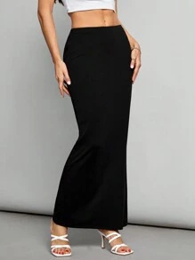 SHEIN Tall Women's Solid Color Casual Knitted High Waist Skirt