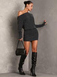 SHEIN BAE 女士春秋灰色仿羊绒露肩不对称领长袖修身时尚连衣裙、寒冷天气服装、冬季女装、优雅连衣裙、节日连衣裙、圣诞派对连衣裙、新年前夜连衣裙