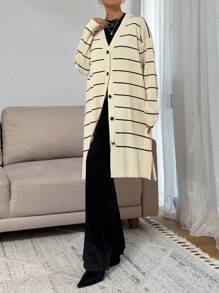 RueChic Woman Rhinestones Button Front Loose Fit Striped Long Comfy And Warm Sweater Cardigan - Beige - View 6