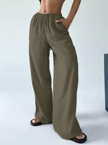 SHEIN EZwear 女式纯色前系带口袋简约休闲裤 - 軍綠色 - 查看 5