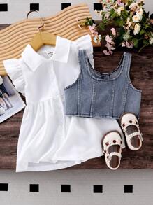 SHEIN 寶寶女孩夏季白色短袖連衣裙搭配牛仔背心，休閒裝 - 藍白色 - 查看 7