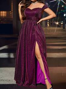 Plus Size Off Shoulder Zipper Back Pleated Elegant Bridesmaid Dress - Hot Pink - View 3