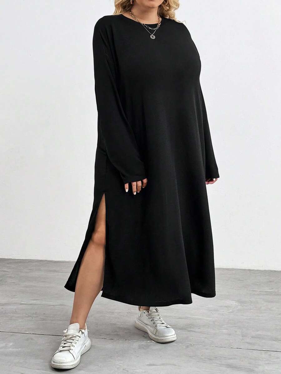 SHEIN CURVE+ Curve Plus Size Drop Shoulder Split Thigh Tee Dress,Fall Outfits,Fall Dresses,Fall Women Clothes