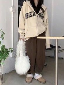 DAZY 女士宽松字母印花保暖内衬卫衣，秋季长袖连帽衫，保暖内衬拉链外套，冬季 - 杏色 - 查看 5
