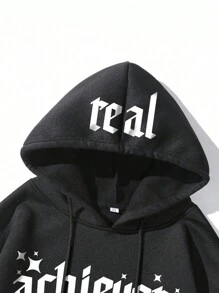 Manfinity Roghcode Men's Letter Print Hooded Sweatshirt With Pockets, Long Sleeve, For Fall - Black - View 7