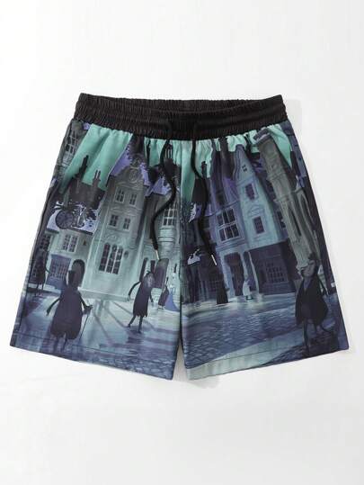 Corpse Bride | ROMWE Pantalones cortos con estampado integral, cintura con cordón y bolsillos para hombre