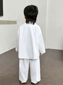 SHEIN 2 件套年轻男童韩版休闲可爱日常装超宽松白色西装外套和裤子套装，抓绒加厚，适合外出、上学、派对、休闲聚会、秋冬季 - 白色 - 查看 2