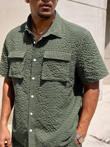 Manfinity CasualMax Plus Size Men's Solid Color Cargo Pocket Short Sleeve Shirt And Shorts Casual Set, Summer - Army Green - View 4