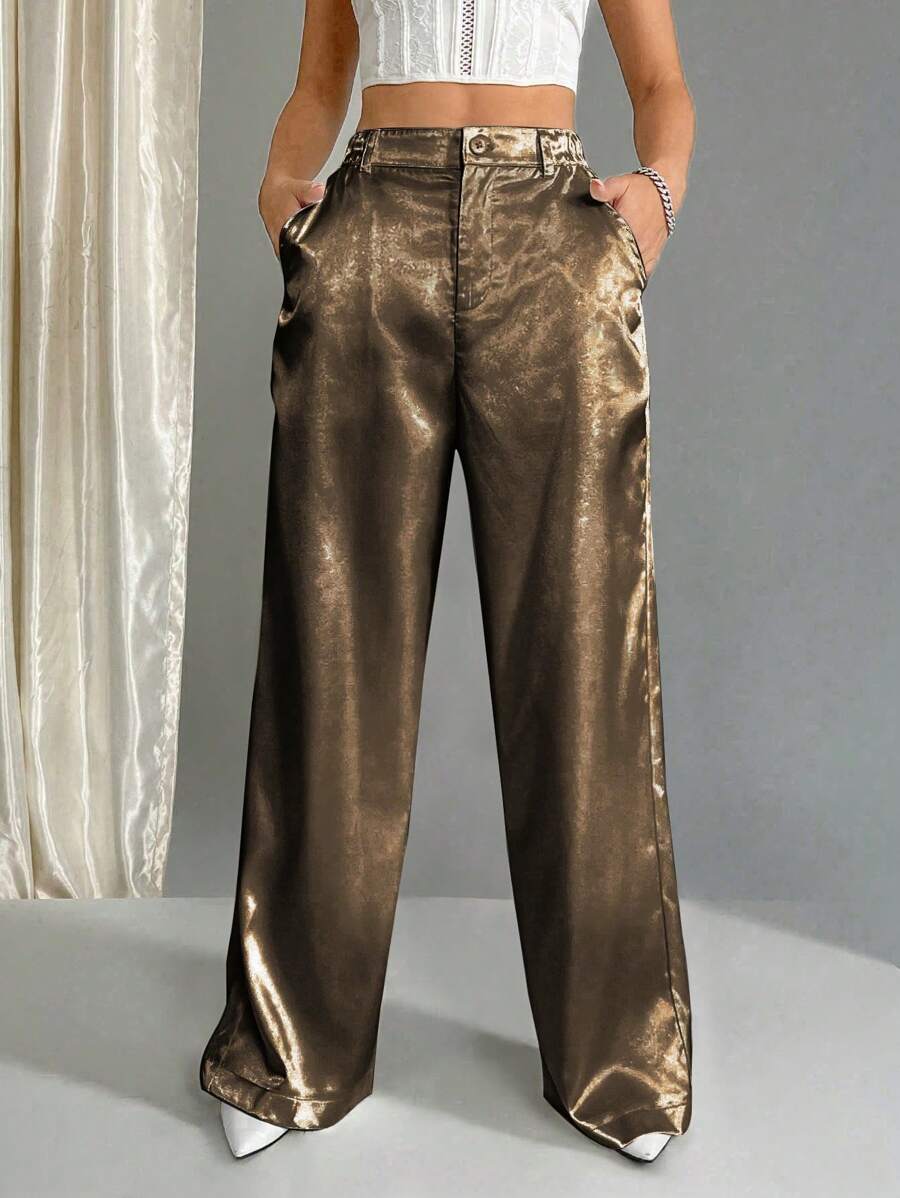 SHEIN Unity Women's Simple Front Button Pocket Casual Pants For Daily Wear - Brown - View 1