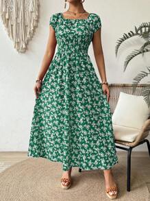 SHEIN VCAY 女士方领 A 字型浪漫度假花卉印花连衣裙，夏季 - 綠色 - 查看 5