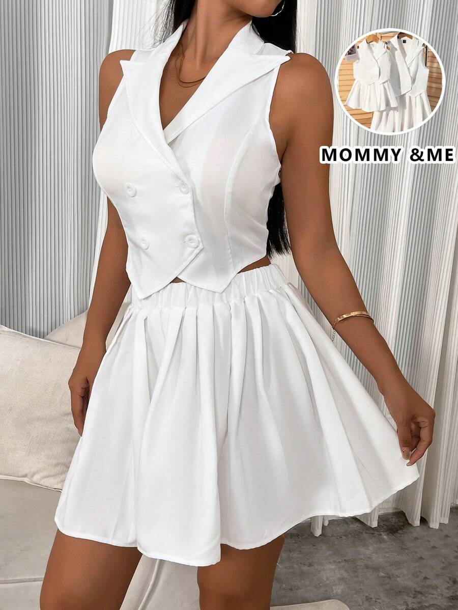 Women's Fashion Casual Collared Asymmetric Sleeveless White Blouse Vest And Pleated Mini Skirt 2 Pieces Set - Mommy And Me Matching Outfits (2 Sets Sold Separately) - White - View 1