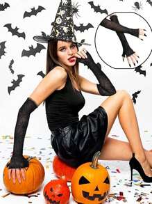 1 par de luvas de renda com padrão de aranha Y2K, luvas pretas translúcidas sem dedos, luvas góticas decorativas de Halloween para mulheres, luvas de malha, acessórios para fantasias de cosplay para festas de fim de ano - Preto - Ver 4