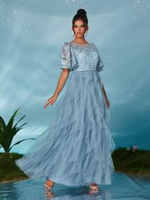 Mgiacy 圆领透明刺绣蕾丝中袖荷叶边下摆高端礼服，优雅伴娘礼服 - 淺藍色 - 查看 5