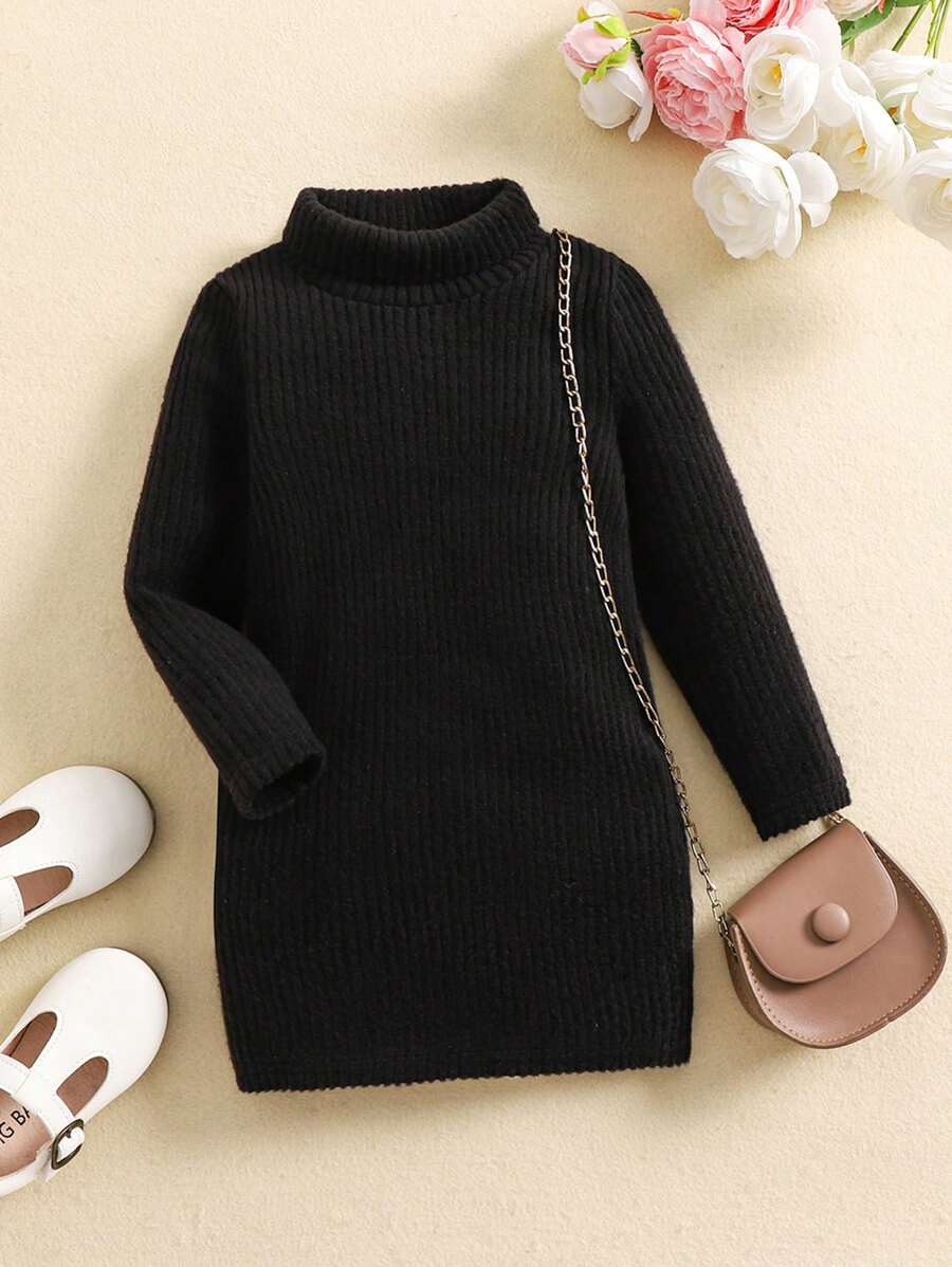 SHEIN Baby Girls Cute Knitted Elastic Turtleneck Long Sleeve Thick Thermal Lined Dress, Autumn/Winter - Black and White - View 1