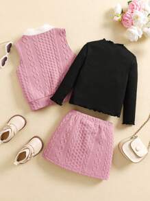 SHEIN 3 件套女婴秋冬可爱拼色背心夹克、蝴蝶结裙和汗衫套装