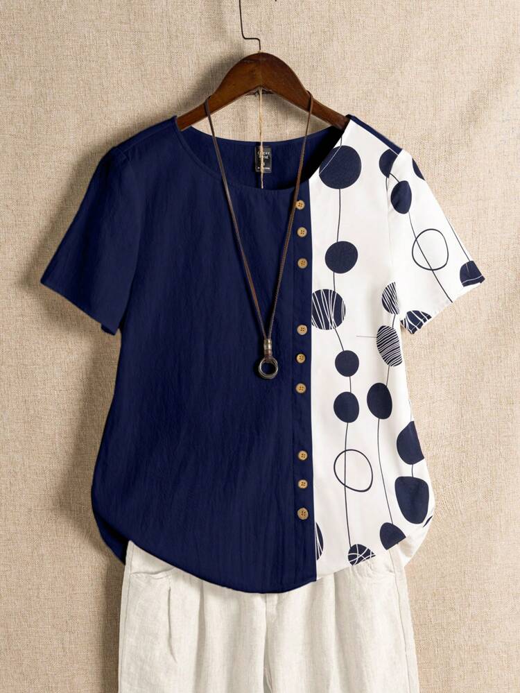 Women's Solid Color Polka Dot Print Patchwork Short Sleeve Blouse