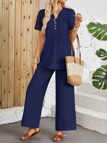 EMERY ROSE Women's Summer Short-Sleeved Shirt And Long Set - Navy Blue - View 3