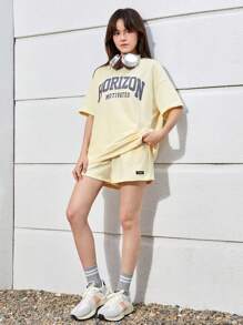 SHEIN Teenage Girls' Knitted Solid Color Drop Shoulder Short Sleeve T-Shirt With Letter Print And Shorts With Slanted Pockets Casual Outfits - Apricot - View 1