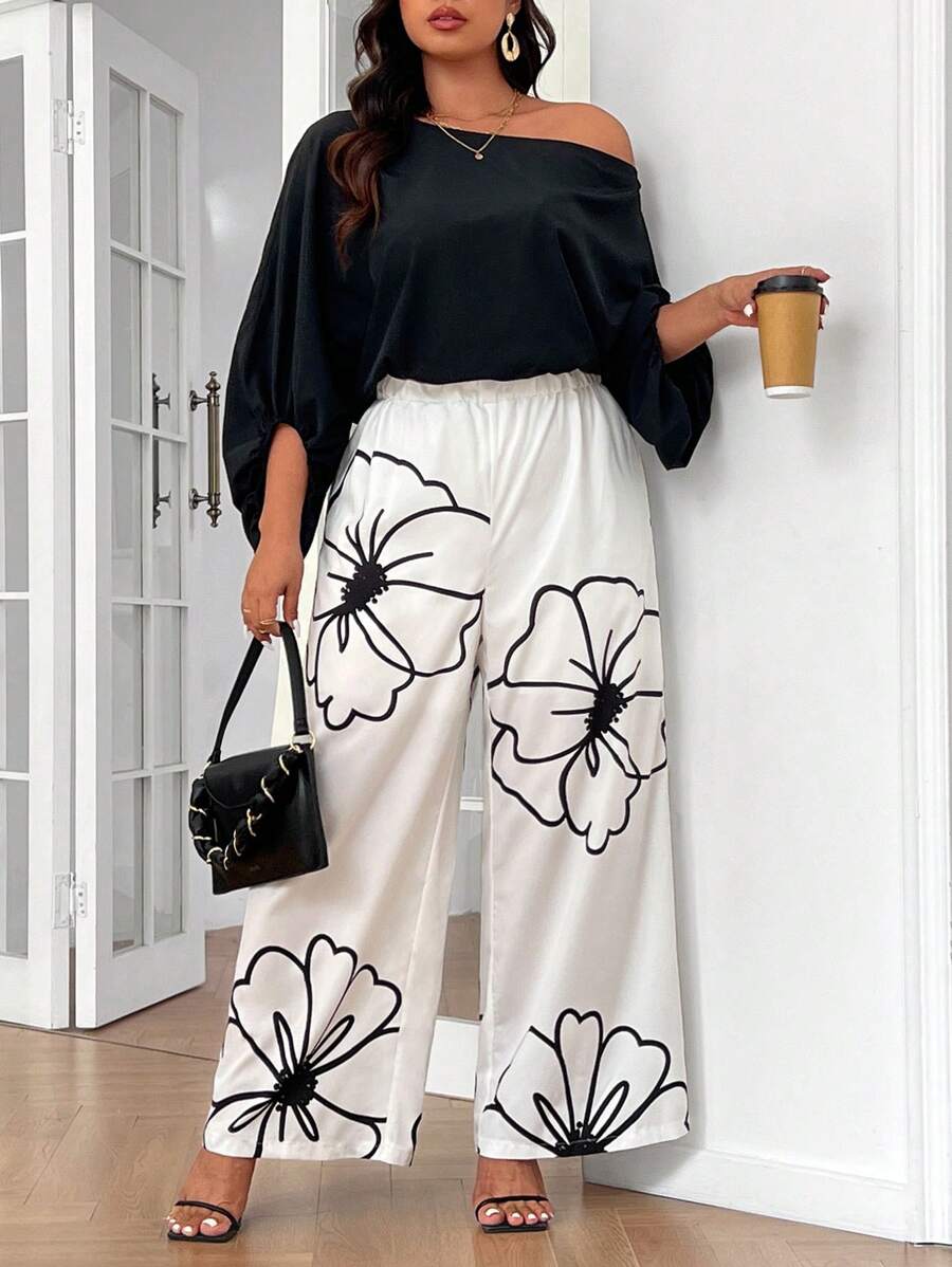 SHEIN Privé Plus Size Women's Elegant Black & White Color Block Shoulder Cutout Jumpsuit With Printed Pattern - Black and White - View 1