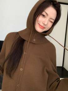 EastFlair 秋冬女士休闲纽扣长袖韩版时尚棕色开衫配针织帽 - 棕色 - 查看 3