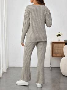 SHEIN 2 pièces/Set Blouse à manches longues col en V et pantalon unicolore, ensemble décontracté de maternité