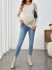 SHEIN Maternity Solid Crew Neck Long Sleeve Slim Fit Sweater, Spring/Fall, For Winter - Apricot - View 3