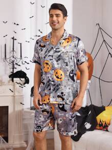 CoupledUp Herenpyjamaset met reversoverhemd en broek met Halloween-thema