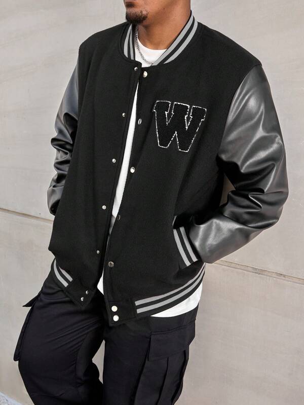 Manfinity LEGND Plus Size Men's Autumn/Winter Casual Color Block Letter Applique Baseball Jacket