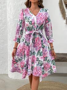 SHEIN LUNE V-Neck Print Half-Button-Up Ruffle Short Sleeve Belted Vacation Dress - Multicolor - View 3