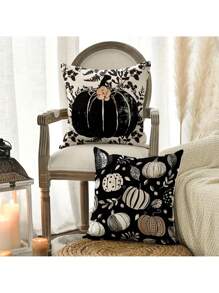 4 件黑色 Hello Pumpkin 叶子抱枕套，18 X 18 英寸秋季感恩节收获波尔卡圆点装饰沙发装饰 - 黑色 - 查看 3