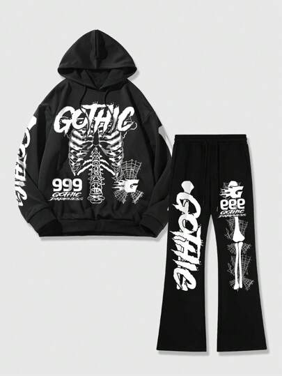 ROMWE Avant 2pcs Men's Casual Skull & Letter Print Drawstring Hooded Sweatshirt And Sweatpants Set, School