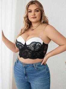 DesireSculpt Plus Size Contrast Lace Wire Bra, Sold Individually, Lingerie - Black and White - View 6