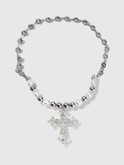 Goth 1pc Glamorous Zinc Alloy Rhinestone & Faux Pearl Decor Cross Charm Necklace For Women For Daily Decoration