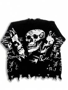 Manfinity LEGND Áo len cardigan rộng rãi Manfinity EMRG thu/đông cho nam có vai trễ và in chữ Halloween Áo len Halloween - Đen và trắng - Xem 2