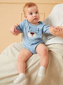 SHEIN 3件套男婴休闲可爱熊耳图案平底连体衣，秋季款