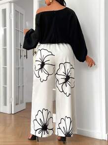 SHEIN Privé Plus Size Women's Elegant Black & White Color Block Shoulder Cutout Jumpsuit With Printed Pattern - Black and White - View 2