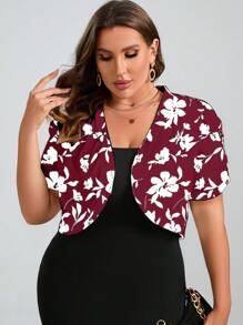 SHEIN Clasi 大码女式秋季黑白花卉印花短夹克 - 酒紅色 - 查看 3