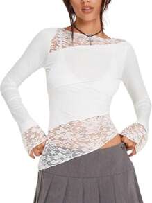 INAWLY Áo thun nữ dài tay cổ tròn phối ren tương phản xuân hè thanh lịch - trắng - Xem 3