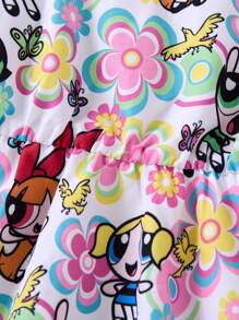 THE POWERPUFF GIRLS X SHEIN 女婴彩色花卉和蝴蝶卡通印花吊带裙，夏季 - 彩色 - 查看 3